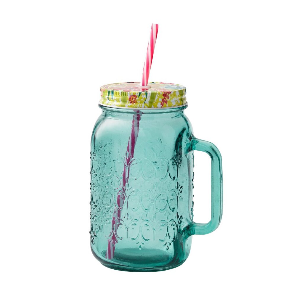 Pioneer Woman Mason Jar with Pink Straw & Floral Lid Teal Glass 32oz